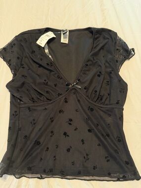 Windsor Black Floral Mesh V-Neck Top with Bow